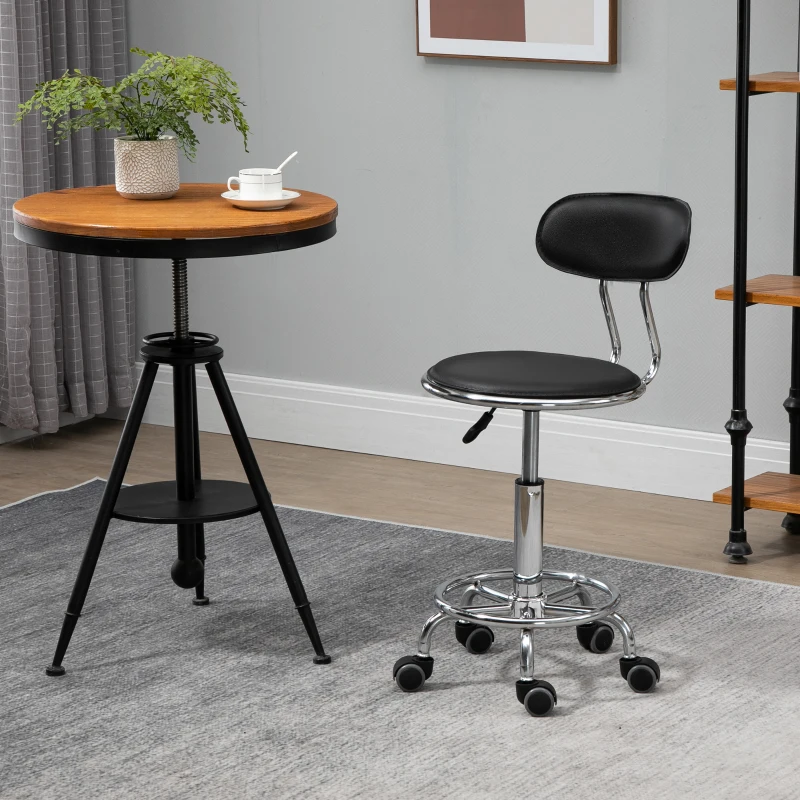 HOMCOM Sgabello per Estetista con 5 Rotelle, Schienale Curvo e Altezza Regolabile, 38x48x70.5-86 cm, Nero
