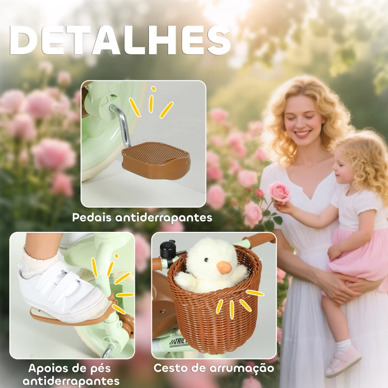 AIYAPLAY Triciclo para Bebés 2 em 1 Triciclo Evolutivo para Crianças com Barra Parental Ajustável Apoio para Pés Rebatível e Cesto 93,5x47x96 cm Verde