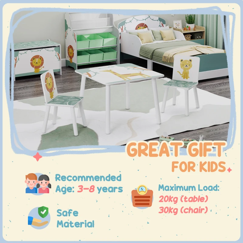 AIYAPLAY 3-Piece Toddler Table and Chair Set, Kids Table with 2 Chairs Set for Bedroom, Nursery, Playroom, Green