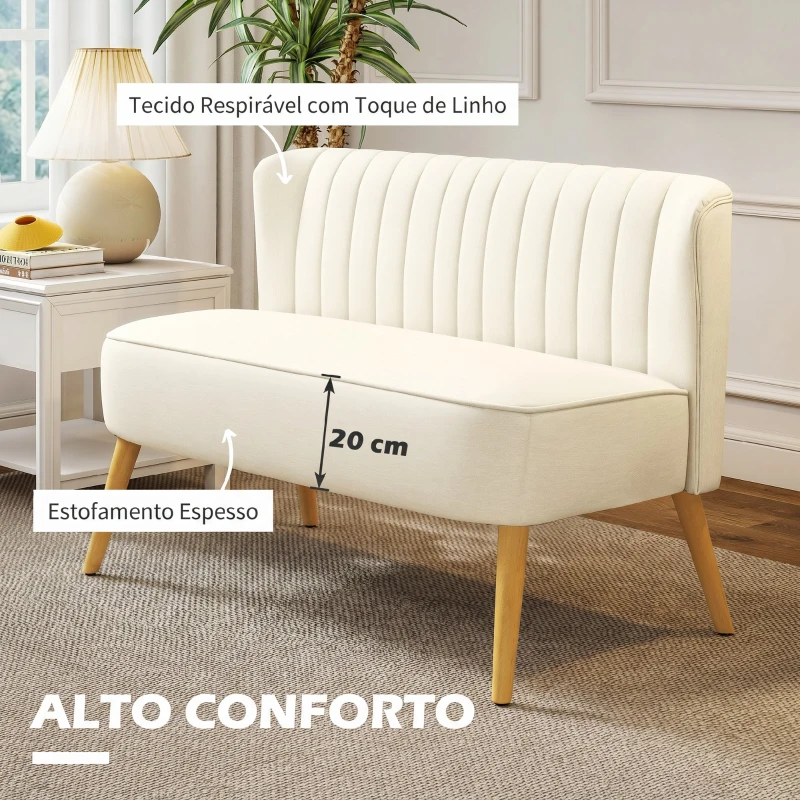 HOMCOM Sofá de 2 Lugares em Tecido Tipo Linho, Assento e Encosto Acolchoados, Pés de Madeira, Carga 220 kg, Creme