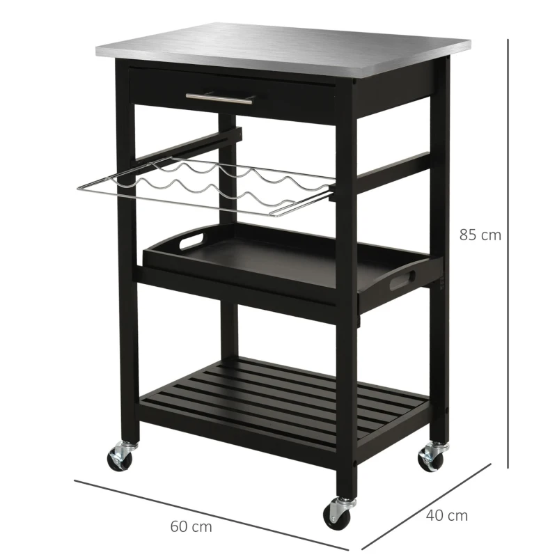 HOMCOM Carucior de Servire, carucior pentru bucatarie cu raft pentru sticle, 60L x 40l x 85h cm, blat din inox, negru