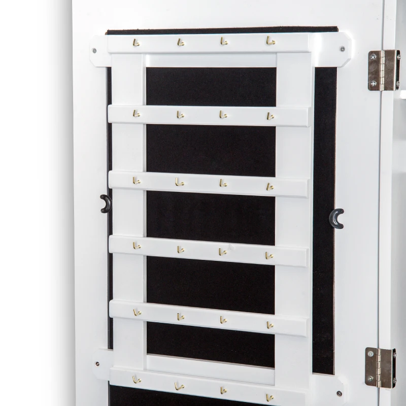 HOMCOM Specchio Portagioie da Parete con Ganci e Scompartimenti in Legno, Armadietto Portagioie con Specchio per Orecchini, Collane e Anelli, 37x9.5x112 cm, Bianco