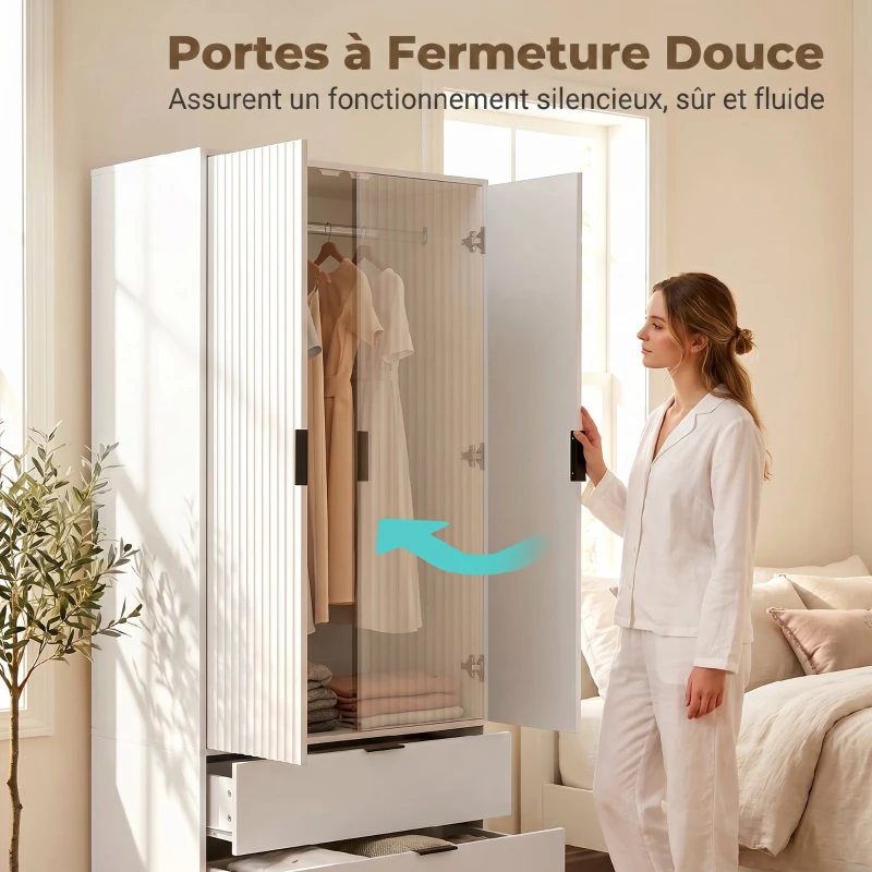 HOMCOM Armoire chambre penderie avec 2 portes à fermeture douce, 2 tiroirs et barre de suspension, 80x50x180cm, blanc