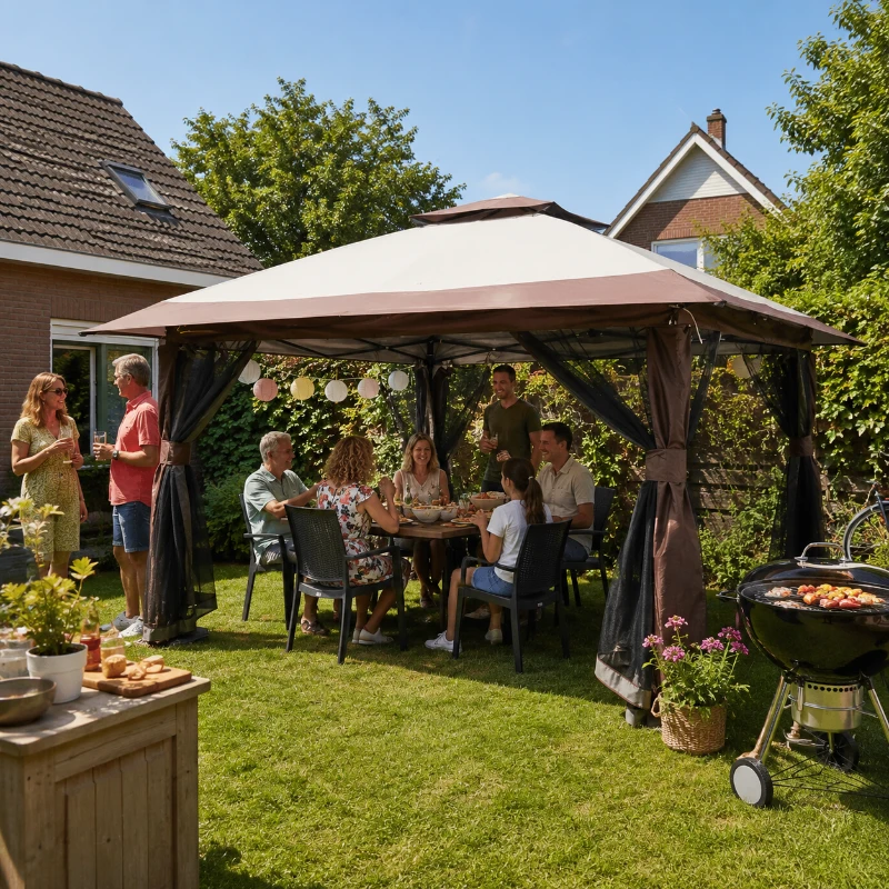 Outsunny Opvouwbare paviljoen, verstelbare hoogte, 4 netwanden, ventilatiedak, draagtas, snelle montage, 4 x 4 x 3 m, beige