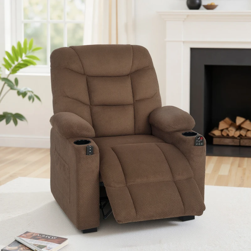 HOMCOM Cadeirão Relax Reclinável Elétrico com Calor Lombar, Massagem Vibratória, Motor Silencioso, Função Memória, Bolsos e USB, Castanho