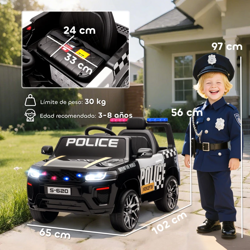 AIYAPLAY Coche Eléctrico para Niños de Policía con Mando a Distancia Motor Doble Sirena Suspensión en 4 Ruedas y Faros Negro