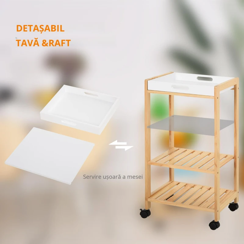 HOMCOM Carucior de bucatarie cu 4 nivele din MDF si lemn de pin cu 4 roti pivotante, 40x30x76 cm, alb si maro