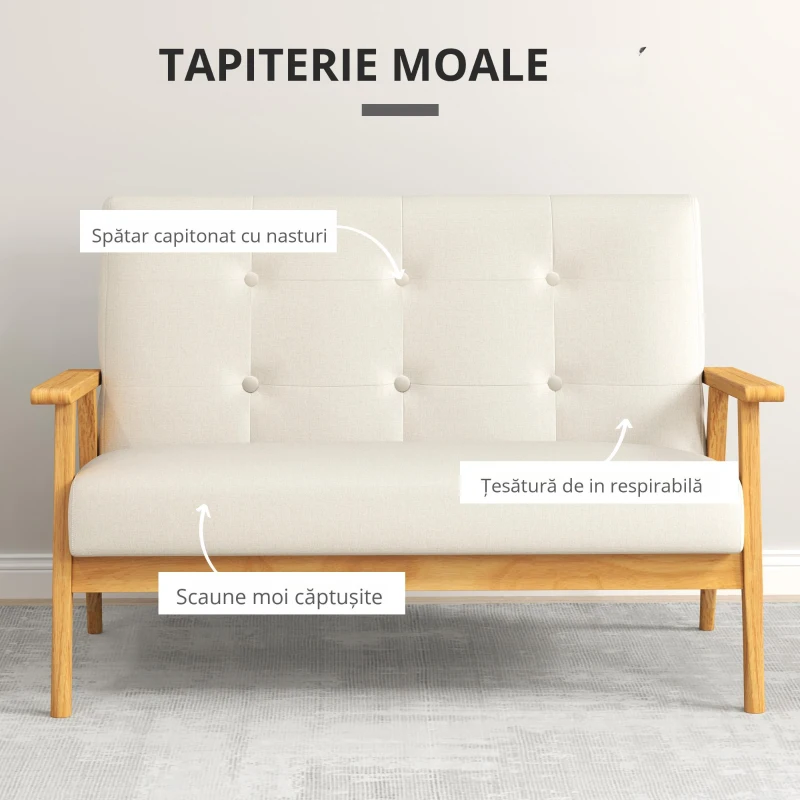 HOMCOM Canapea 3 locuri 115 cm canapea scandinavă cu spătar capitonat, șezut căptușit și cotiere, bej