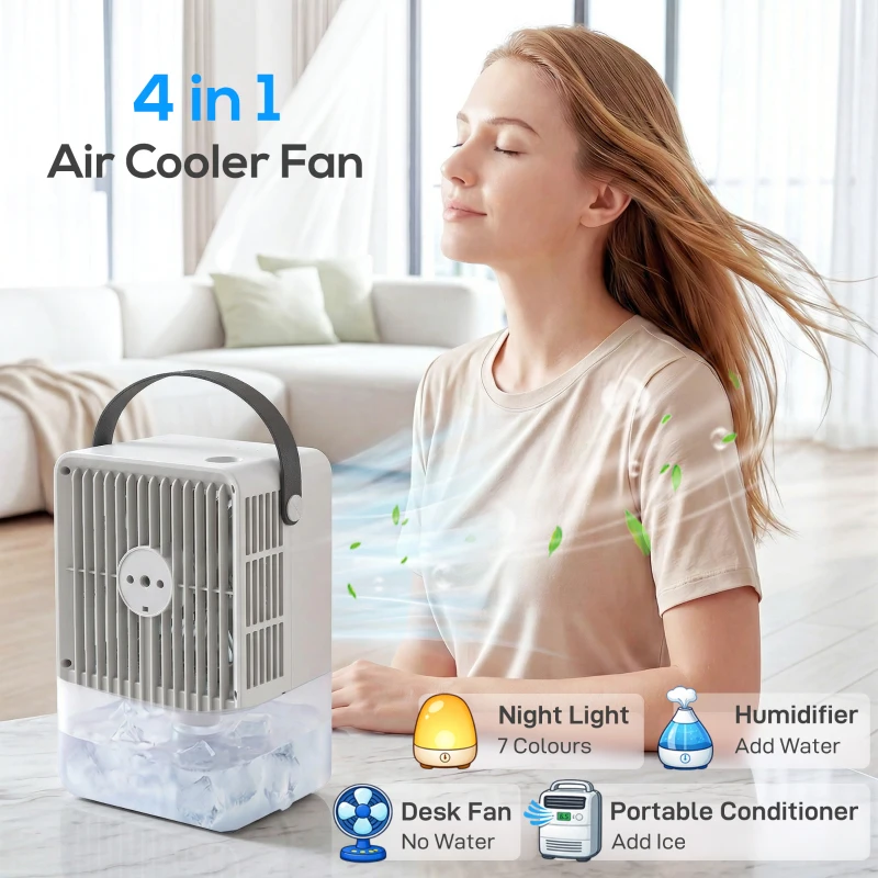 HOMCOM Portable Air Conditioner, 4-in-1 Mini Air Cooler with 3 Wind Speed, 2 Mist Mode, 7 Colour RGB Light, Black and White