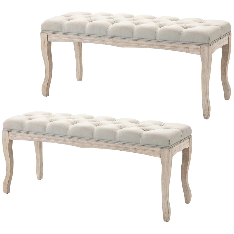 HOMCOM Lot de 2 banc Banquette capitonnée Style Classique 110 cm Bout de lit Rembourrée en lin piètement Bois hévéa sculpté