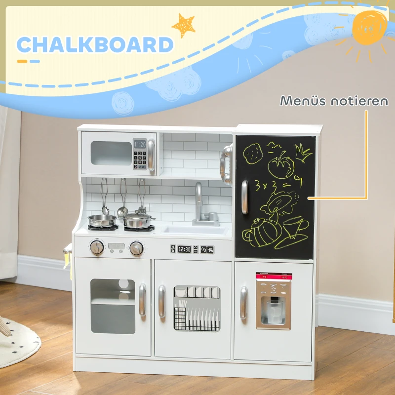 AIYAPLAY Kinderkeuken - Speelkeuken met Telefoon, Krijtbord, Magnetron, Fornuis, Spoelbak, Accessoires, IJsblokjesmachine, 3-8 Jaar, Wit