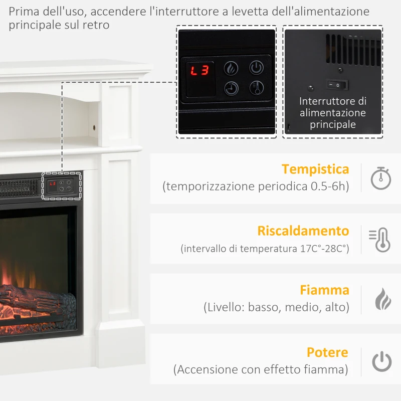 HOMCOM Camino Elettrico con Effetto Fiamma LED Regolabile 1800 W, Telecomando, Timer e Ripiano Integrato, Bianco