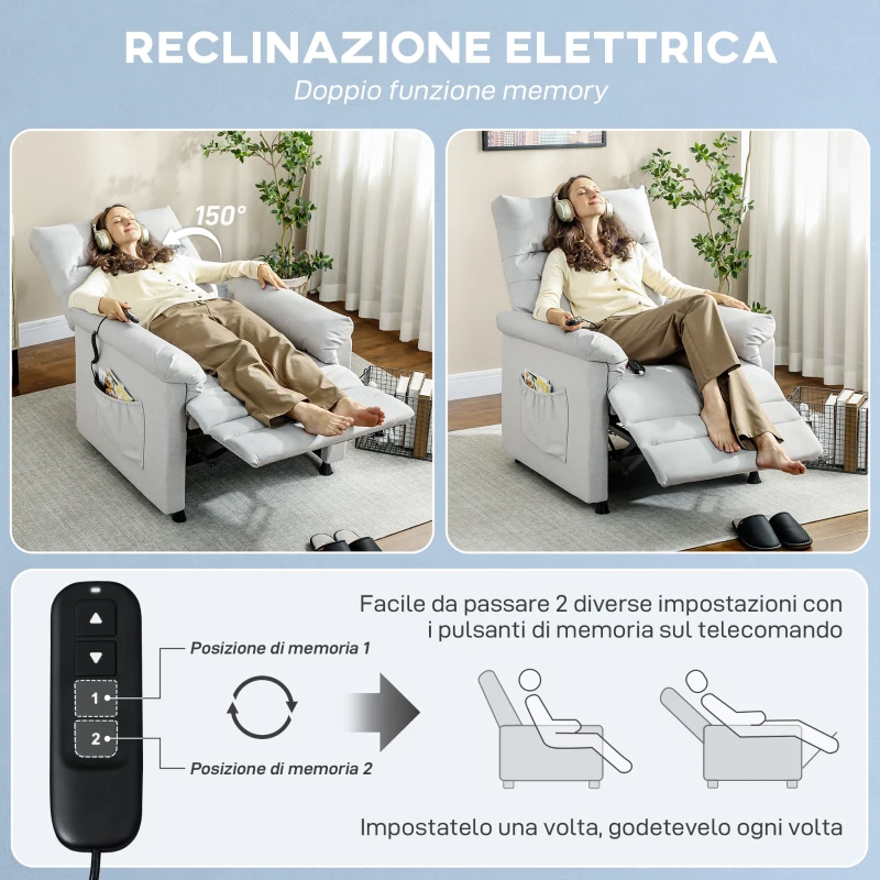 HOMCOM Poltrona Reclinabile con Poggiapiedi, Riscaldamento, 8 Punti Massaggio e 5 Modalità, Tessuto Vellutato, Grigio