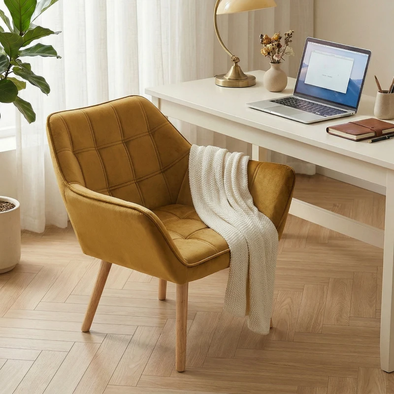 HOMCOM Fotoliu Tapitat, Fotoliu Cu Accente, Design Nordic, Efect De Catifea, până la 120 kg, picioare din lemn de cauciuc, Galben