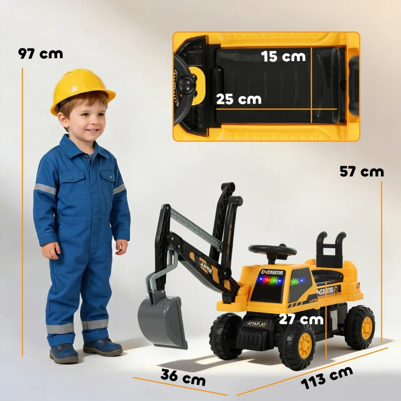 AIYAPLAY Zitbagger Opzitbagger met Schep en Stuur, Draaibare Carrosserie, Verstelbare Rugleuning voor kinderen 1,5-3 jaar Geel