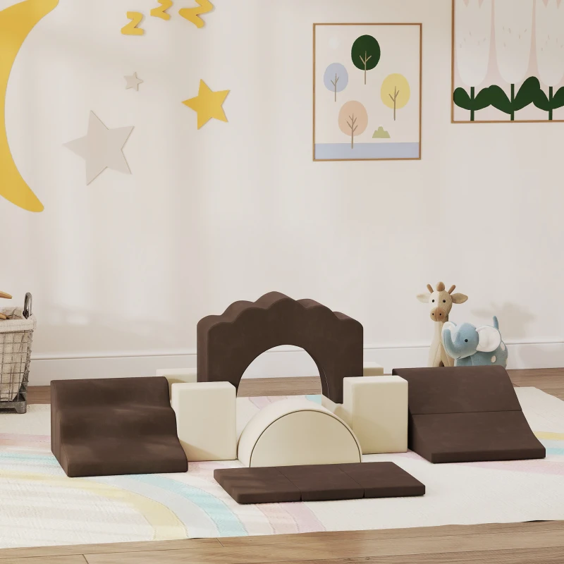 AIYAPLAY 7 Piece Kids Soft Play Set with Detachable Cover, Baby Indoor Climb and Crawl Foam Toys for Toddlers, Brown
