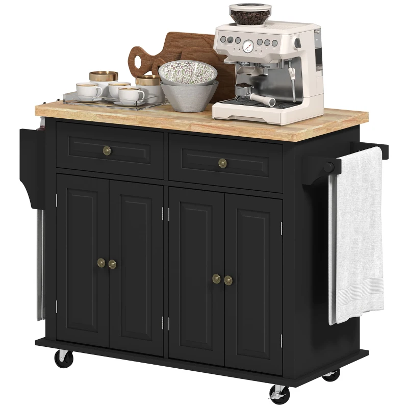 HOMCOM Ilha de Cozinha com Rodas 2 Gavetas 4 Portas Suporte para Temperos e Barra Lateral 111x44,5x82,5 cm Preto e Madeira