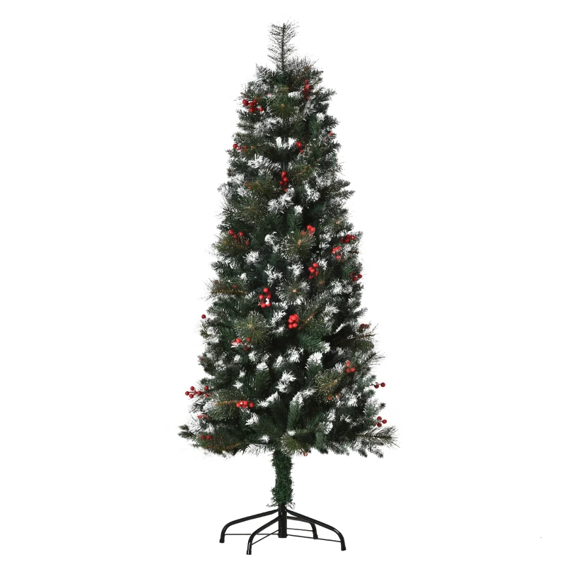 HOMCOM Árvore de Natal Artificial 150cm Ignífugo com 360 Ramos 38 Bagas Folhas de PVC Base Dobrável e Suporte Metálico Verde