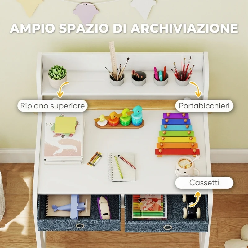 AIYAPLAY Set Scrivania e Sedia per Bambini con Ripiano, Portabicchieri, Cassetti, Ragazzi in Legno per Cameretta