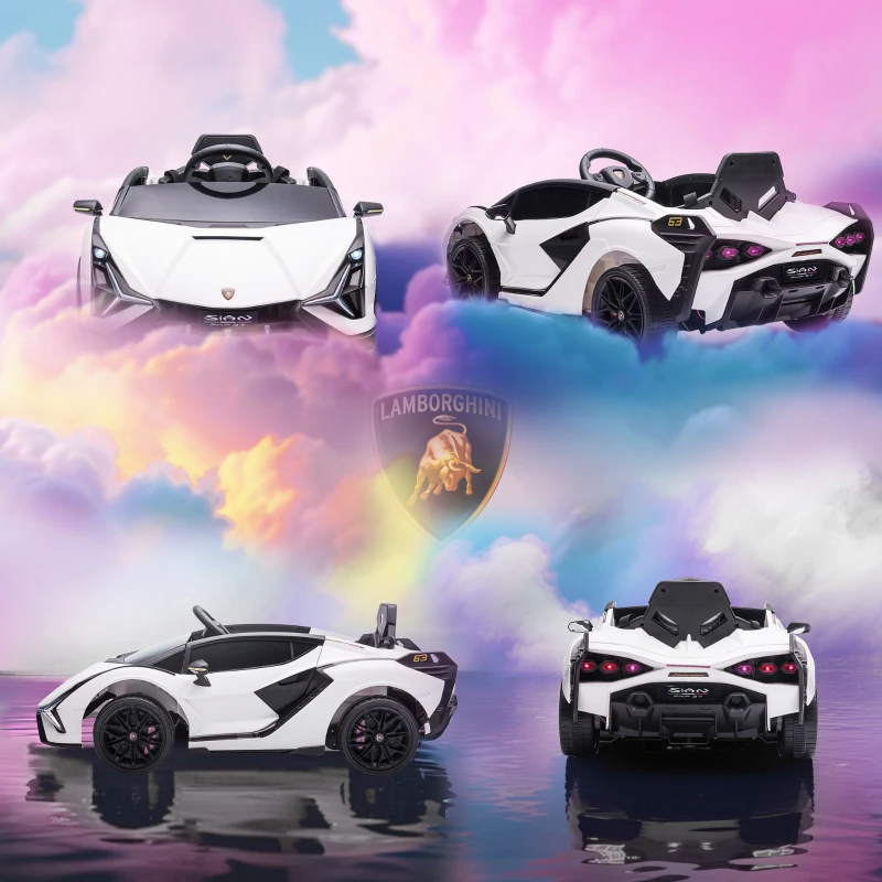 HOMCOM Carro Elétrico Lamborghini SIAN 12V com Controle Remoto Abertura da Porta Música MP3 USB e Faróis 108x62x40 cm Branco