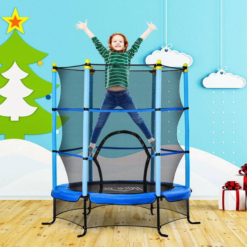 HOMCOM Kindertrampolin, mit Sicherheitsnetz, Randabdeckung, Stahlrahmen, bis 50 kg, 3-10 Jahre, blau, Ø160 x 163 cm