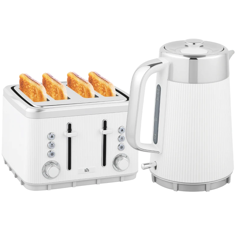 HOMCOM Electric Stainless Steel Kettle and Toaster Set, 3000W 1.7L UK Strix Thermostat Fast Boil Kettle w/ Limescale Filter, Cool Touch Body, 4 Slice Toaster with 7 Browning Levels, White
