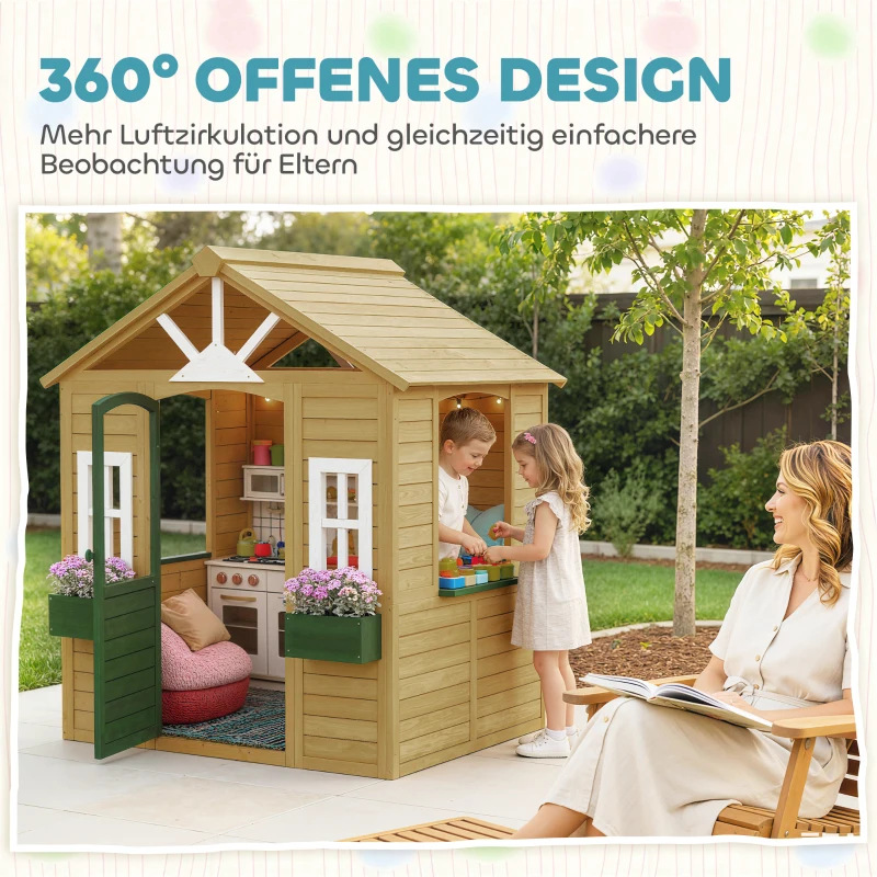 AIYAPLAY Kinderspielhaus Holz Spielhaus Outdoor mit Tür 3 Fenster 2 Blumenkästen für 3-8 Jahre Kinder 134,5 x 97 x 150 cm Braun