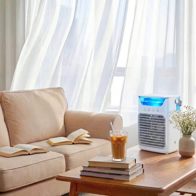 HOMCOM Rafraîchisseurs d'air par évaporation, ventilateur, 3 vitesses, 2 modes brumisation, éclairage LED RGB 7 LED, blanc