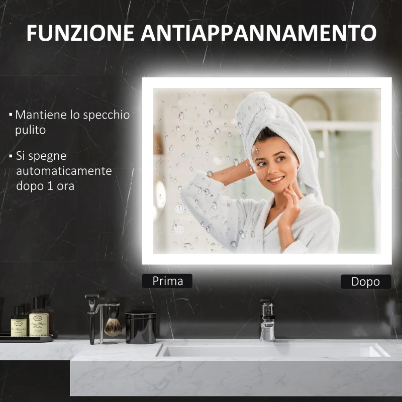 kleankin Specchio Bagno LED Antiappannamento con 3 Colori e Luminosità Regolabile, in Metallo e Vetro, 80x60x3 cm
