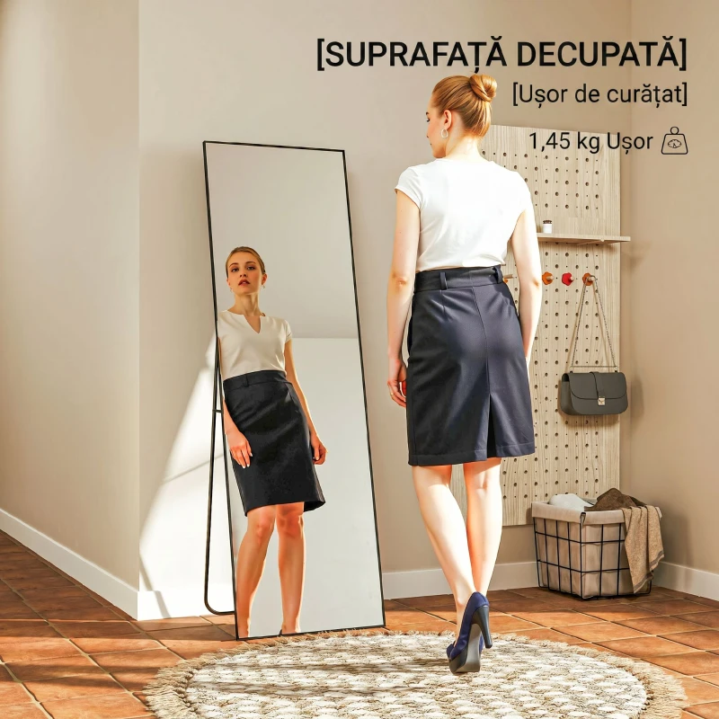 HOMCOM Oglindă de Podea Modernă, Întreagă, Design Autoportant sau de Perete, 40x150 cm, Negru