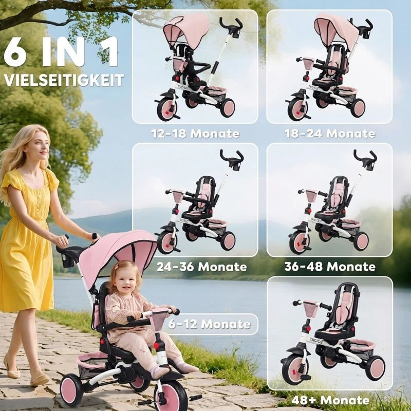AIYAPLAY Kinderdreirad, 6-in-1 Buggy für Kleinkinder, mit Schiebegriff, verstellbarer Sitz, faltbares Design, Sicherheitsnetz
