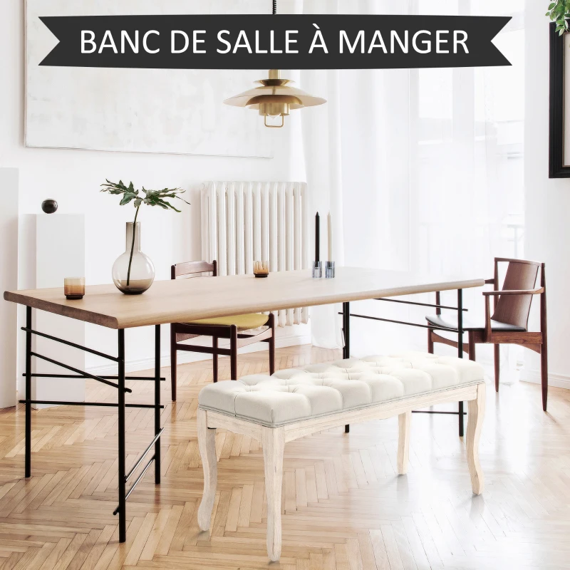 HOMCOM Lot de 2 banc Banquette capitonnée Style Classique 110 cm Bout de lit Rembourrée en lin piètement Bois hévéa sculpté