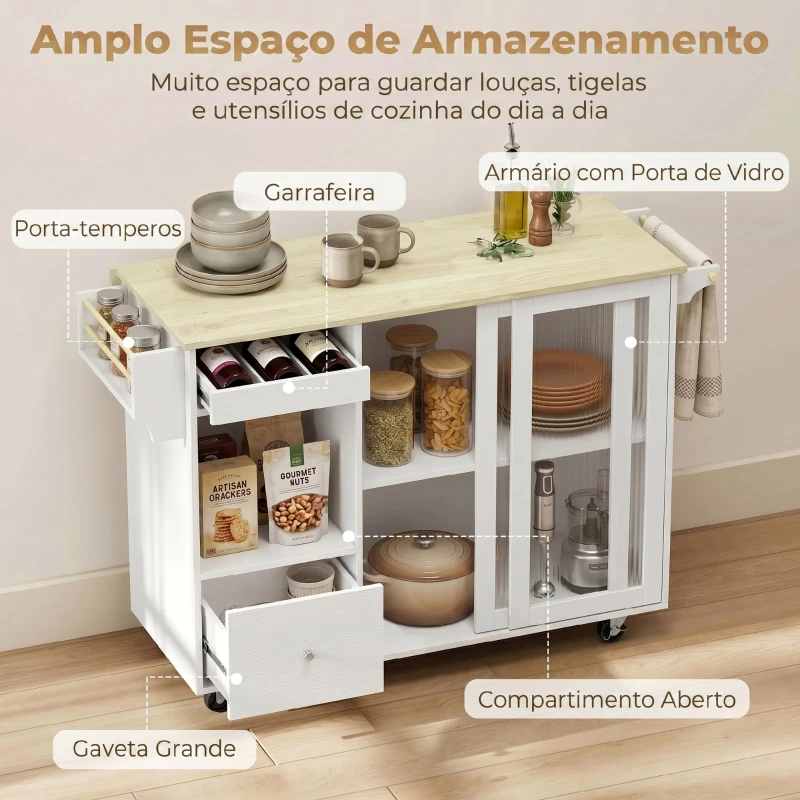 HOMCOM Ilha de Cozinha com Tampo Rebatível, Rodas, Garrafeira e Portas de Correr em Vidro