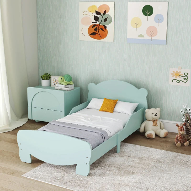 AIYAPLAY Lettino per Bambini con Testiera e Pediera a Orso e 2 Sponde Laterali, in Legno, 143.5x80x55 cm, Verde