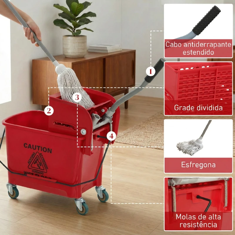 HOMCOM Balde de Limpeza com Escorredor Painel Separador e Rodas Capacidade de 20L para Limpezas Domésticas 45x26,5x70 cm Vermelho