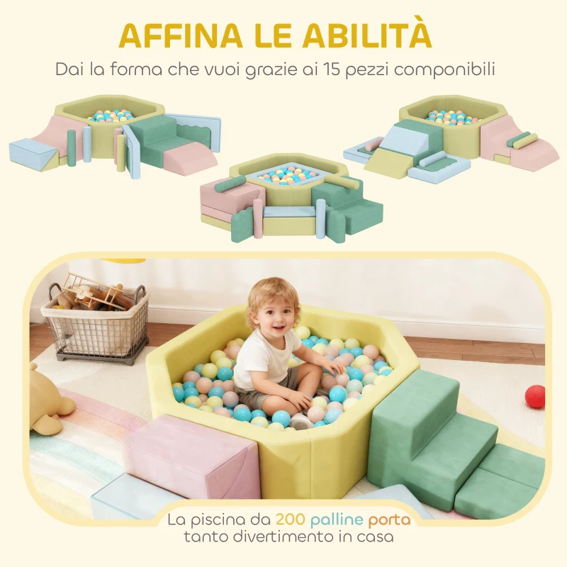 AIYAPLAY Set 15 Blocchi di Costruzioni Morbide Modulabili per Bambini con 200 Palline per Uso Interno, Multicolore