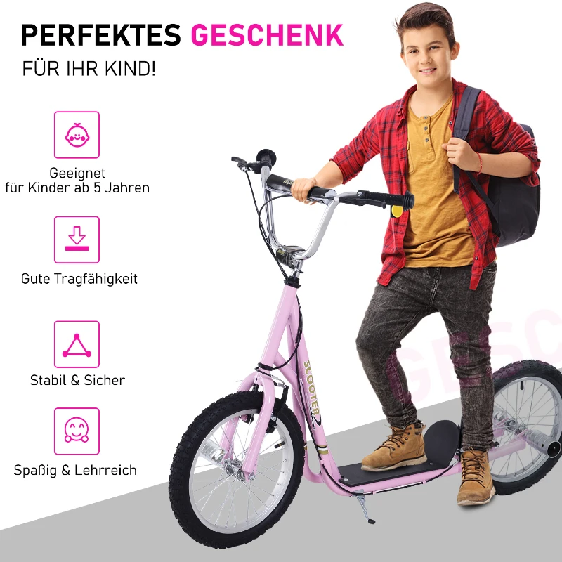 HOMCOM kinderstep step scooter stadsscooter kinderen scooter kickboard vanaf vijf jaar 16 inch roze 143 x 58 x 92-100 cm(m-7)