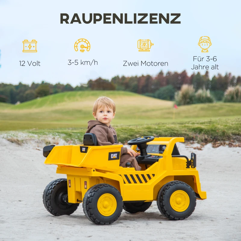 AIYAPLAY Elektrische Tractor 12V voor Kinderen met 2,4G Afstandsbediening, Emmer, Schep, Kinder Elektrische Auto met 2 Motoren, Muziek, Speaker, Koplampen, 3-5 km/u voor 3-6 Jaar, Geel