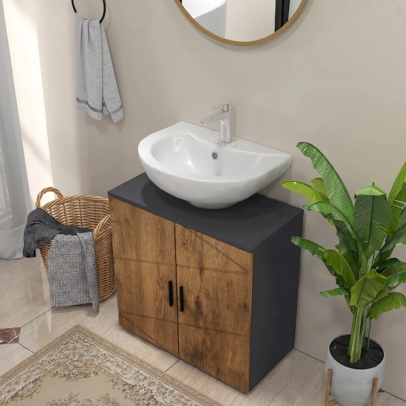 kleankin Mobile Sottolavabo Bagno per Piedistallo con Armadietto 2 Ante, 60x30x60cm, Rovere