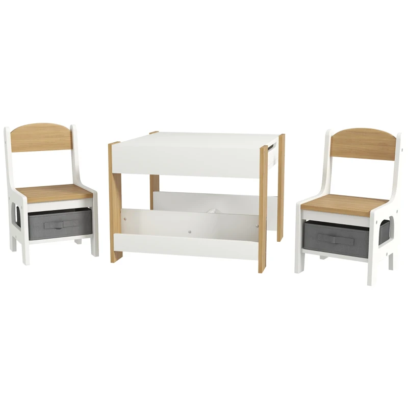 HOMCOM Set masă copii 3 în 1 cu 2 scaune, tablă detașabilă, bibliotecă și cutii textile, natur, 3-8 ani