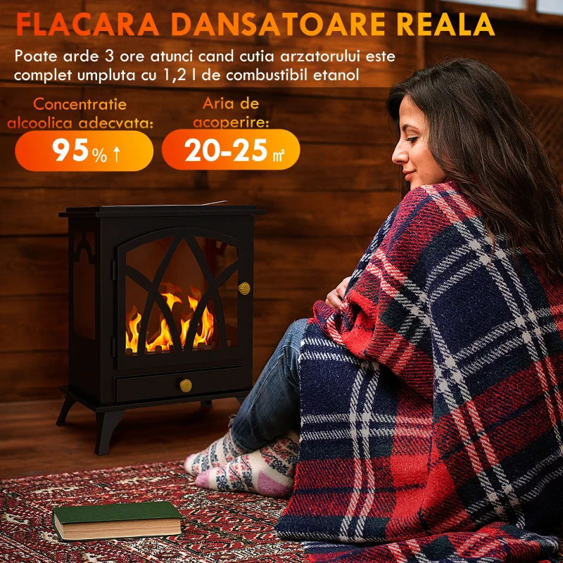 HOMCOM Șemineu pe Bioetanol de Podea cu Rezervor de 1.2L și Acoperire 25㎡, 45x28x54cm, Negru