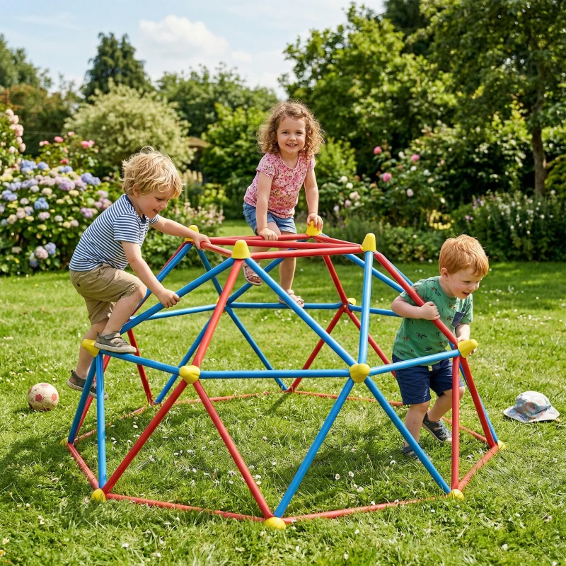 Outsunny Cúpula de Escalada Juego de Cúpula Geométrica para 3-8 Años con Marco de Metálico Carga 180 kg Ø183x90 cm Rojo y Azul