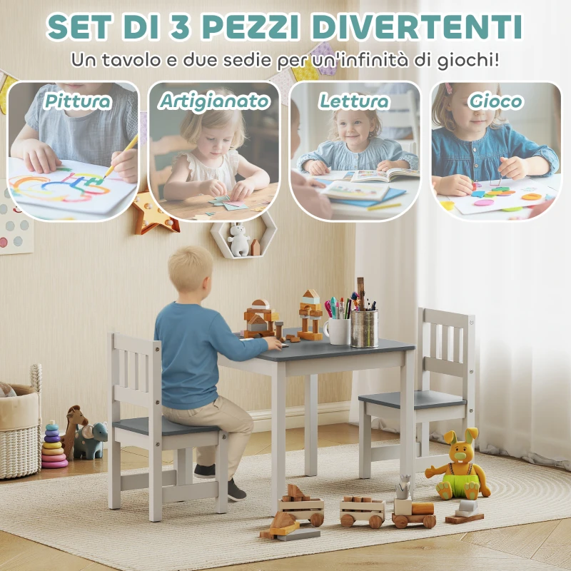 AIYAPLAY Set Tavolo e Sedie per Bambini da 3-8 Anni 3 pz in Legno con Bordi Arrotondati, Grigio e Bianco