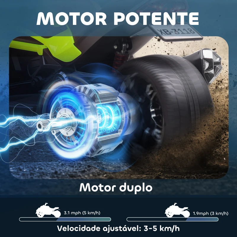 AIYAPLAY Quadricilo Elétrico para Crianças 12V com 2 Motores Velocidade até 5 km/h 3 Rodas Faróis Buzina Música 113x74x63 cm Verde