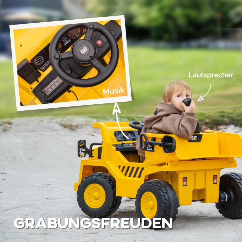 AIYAPLAY Elektrische Tractor 12V voor Kinderen met 2,4G Afstandsbediening, Emmer, Schep, Kinder Elektrische Auto met 2 Motoren, Muziek, Speaker, Koplampen, 3-5 km/u voor 3-6 Jaar, Geel