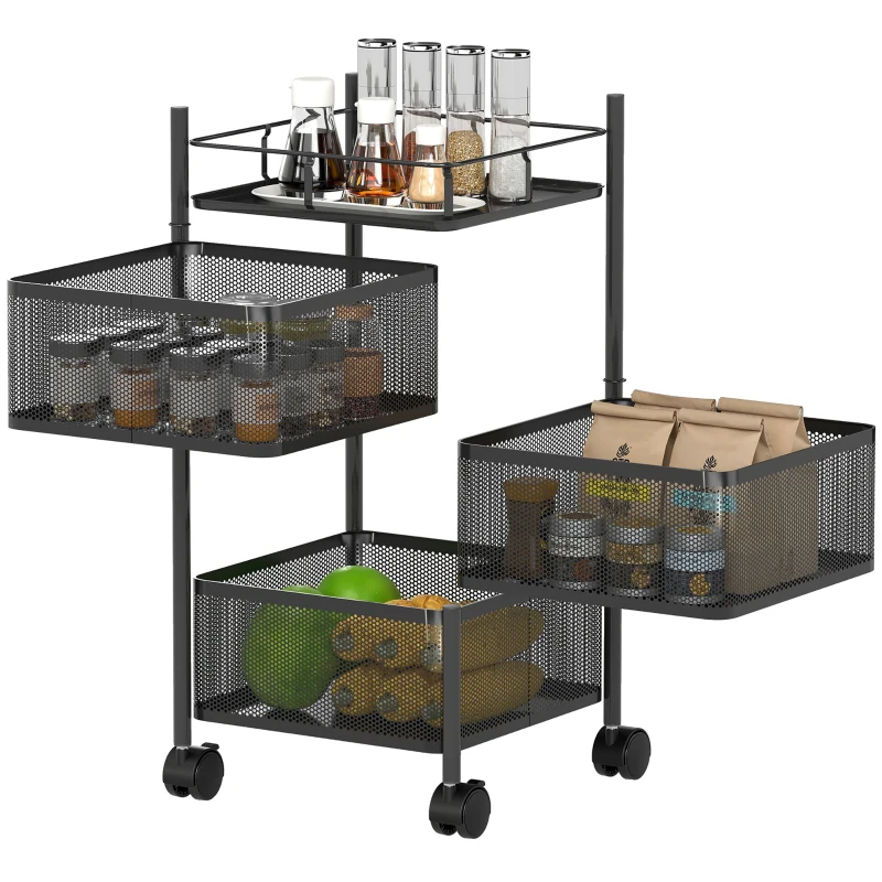 HOMCOM Carrello Cucina a 3 Livelli con Cestini in Metallo Girevoli, Ruote e Freno, 27.5x27.5x62 cm, Nero