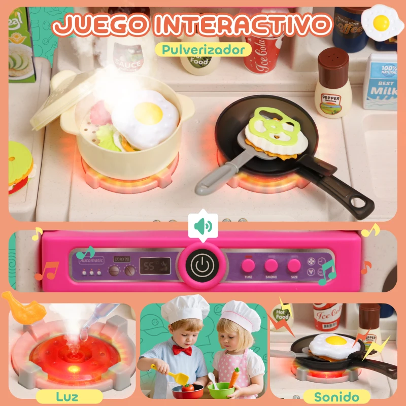 AIYAPLAY Cocina de Juguete con Luces Sonido Accesorios Fregadero Utensilios Alimentos Falsos para Niños a Partir de 3 Años Rosa