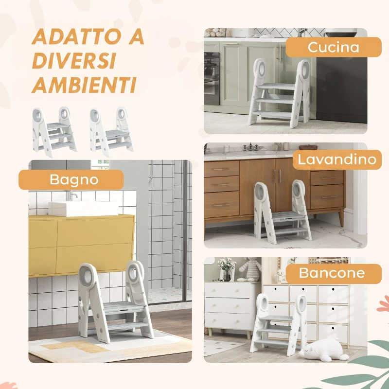 AIYAPLAY Torre Montessoriana Bambini Pieghevole a 3 Gradini Regolabili con Maniglia e Superficie Antiscivolo, Grigio