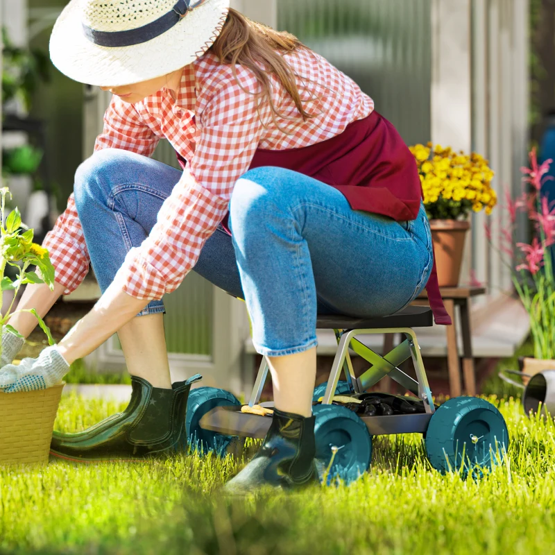 Outsunny Siège de jardin sur roues tabouret de jardinage plateau à outils pour désherber planter 50 x 49 x 32 cm vert foncé