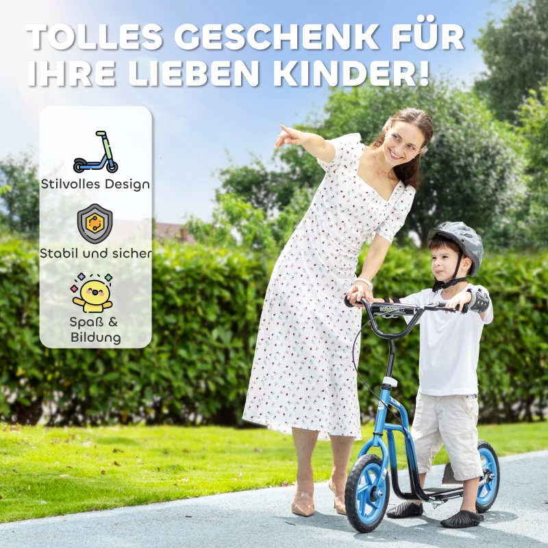 AIYAPLAY Kinderroller met verstelbaar stuur, grote wielen, parkeerstandaard, handrem, voor kinderen van 5-12 jaar, Blauw(m-7)